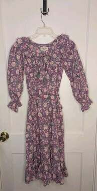 MILLE June Midi Dress Purple Rose Floral Print Ruffle Cotton Puff Sleeve XXS